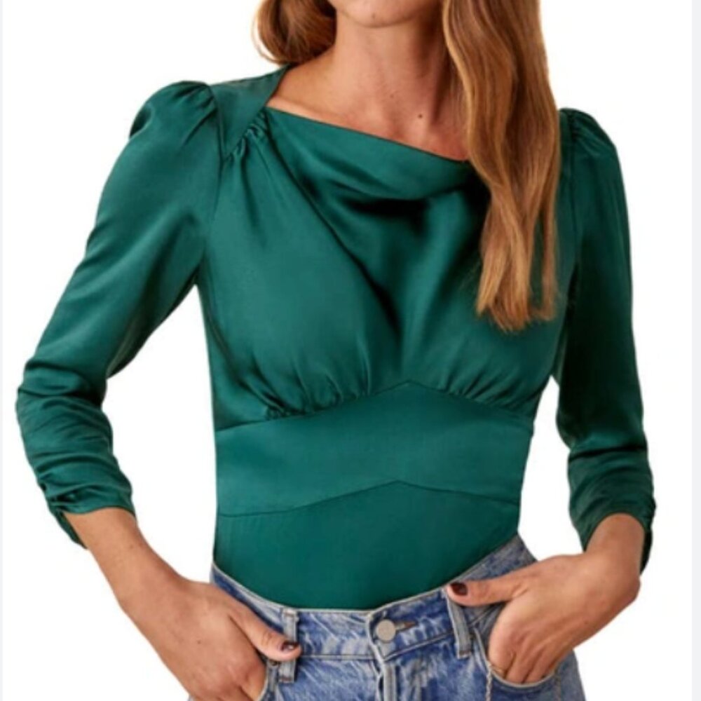 REFORMATION Emerald Forest Green Silk Jason Top